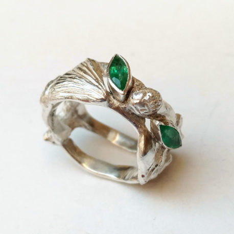 Pine tree forest ring with two genuine emeralds, fine silver