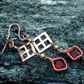 Red crystal earrings copper, long dangles