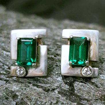 Jera rune earrings, rectangle emerald studs in sterling silver