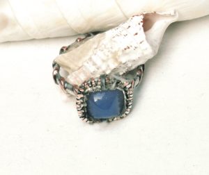 Square blue chalcedony ring multi metal, silver, copper sized to order