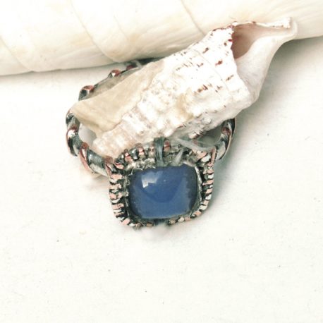 Square blue chalcedony ring multi metal, silver, copper sized to order