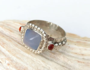 Square blue chalcedony ring sterling silver orange topaz size 17.5