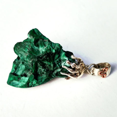 Fibrous malachite raw crystal necklace sterling silver