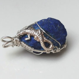 Raw azurite crystal pendant sterling silver, lizard figure on a stone