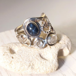 Genuine star sapphire ring sterling silver, herkimer diamond quarts, CZ, 2 14 k golden balls