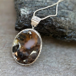 Picture moss agate necklace sterling silver, fantasy bezel