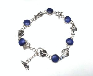 Sea charm bracelet sterling silver, blue cats eye
