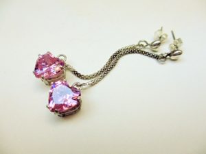 Long chain dangling hearts, pink stone earrings, sterling silver, 5 cm long chain