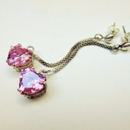 Long chain dangling hearts, pink stone earrings, sterling silver, 5 cm long chain