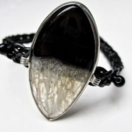 Black and white gemstone bracelet black leather