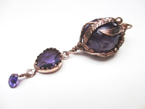 Amethyst bead purple necklace copper wire wrapped, large chevron amethyst w. purple crystals