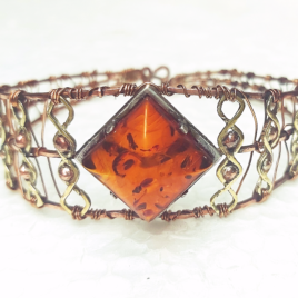 Square amber bracelet wire wrapped, copper, brass, 925 silver, folk Runic style