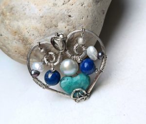 Sterling wire wrapped lapis amazonite pearl necklace, handmade pendant 30x30 mm