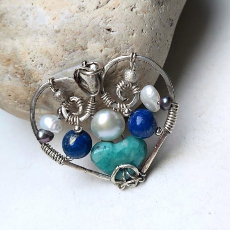 Sterling wire wrapped lapis amazonite pearl necklace, handmade pendant 30x30 mm
