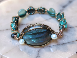 Oval labradorite bracelet copper wire wrapped, green gemstones, leather