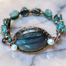 Oval labradorite bracelet copper wire wrapped, green gemstones, leather