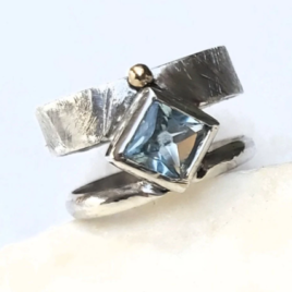 Square aquamarine ring double banded, sterling silver, 14 k gold