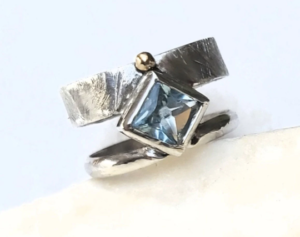 Square aquamarine ring double banded, sterling silver, 14 k gold