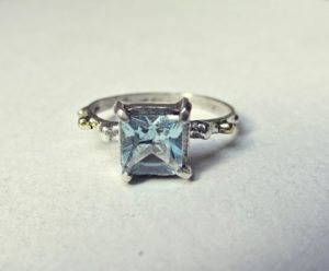 Square faceted aquamarine ring silver, size 17,5