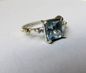 Square faceted aquamarine ring silver, size 17,5