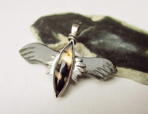Eagle pendant Wyoming jade moss agate set in sterling silver, 40x30 mm