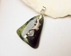 Lizard pendant Tumbled Guatemalan jadeite, pierced triangle sterling silver lizard
