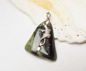 Lizard pendant Tumbled Guatemalan jadeite, pierced triangle sterling silver lizard