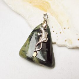 Lizard pendant Tumbled Guatemalan jadeite, pierced triangle sterling silver lizard