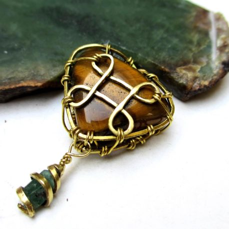 Gemini birthstone pendant tigers eye, emerald, brass