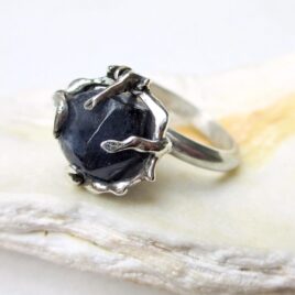 Large raw uncut blue sapphire ring in sterling silver, sized to order