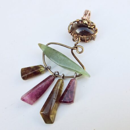 Hanging four tourmaline necklace, jade, agate, copper wire