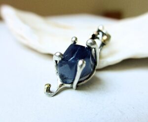 Dainty water sapphire pendant, dark blue iolite pendant in sterling silver and 14 k gold