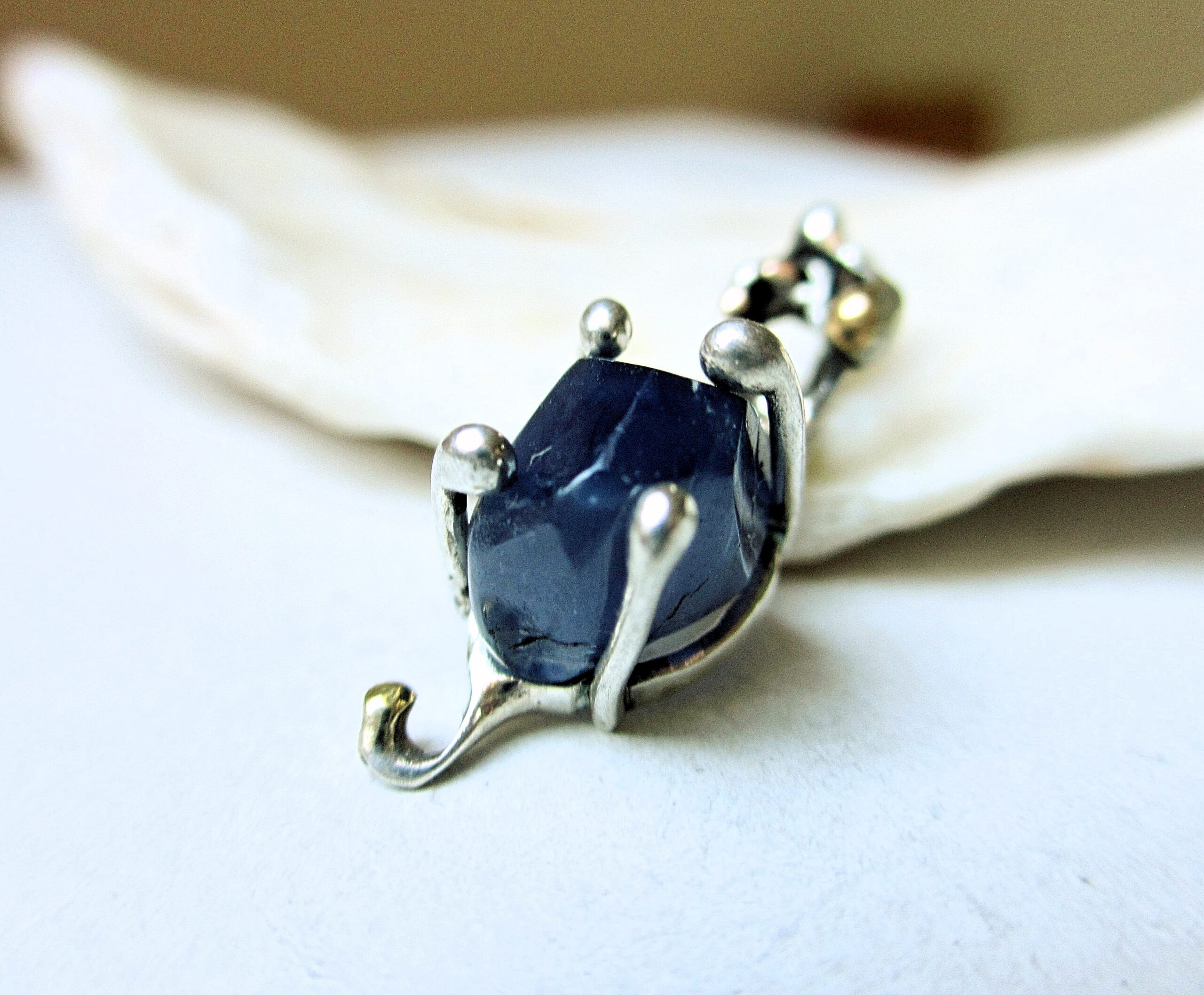 Dainty water sapphire pendant, dark blue iolite pendant in sterling silver and 14 k gold