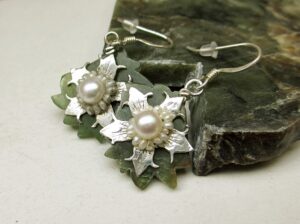 Green Wyoming jade leaf and flower earrings, sterling silver, white pearls