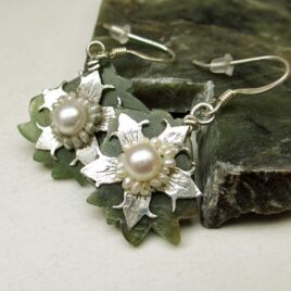 Green Wyoming jade leaf and flower earrings, sterling silver, white pearls
