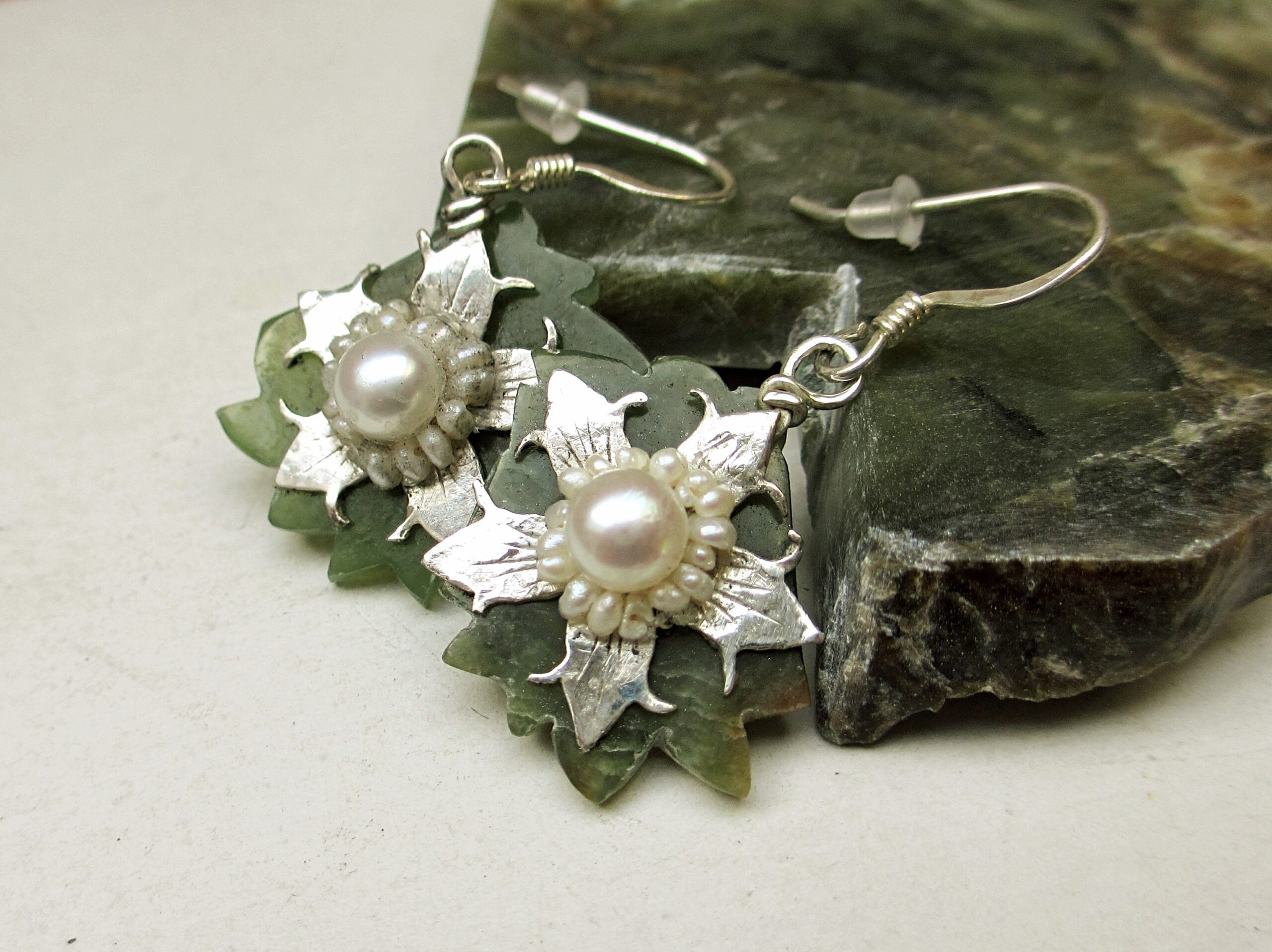 Green Wyoming jade leaf and flower earrings, sterling silver, white pearls