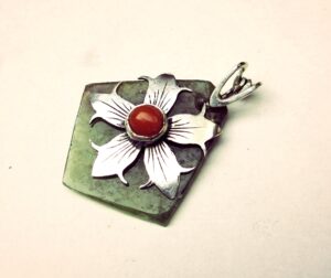 Wyoming jade orange coral flower pendant, sterling silver