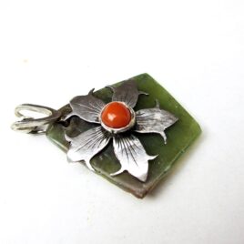 Wyoming jade orange coral flower pendant sterling silver