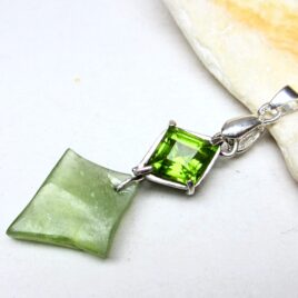 Double rhombus peridot pendant, 2 Pakistane peridots, raw and faceted sterling silver