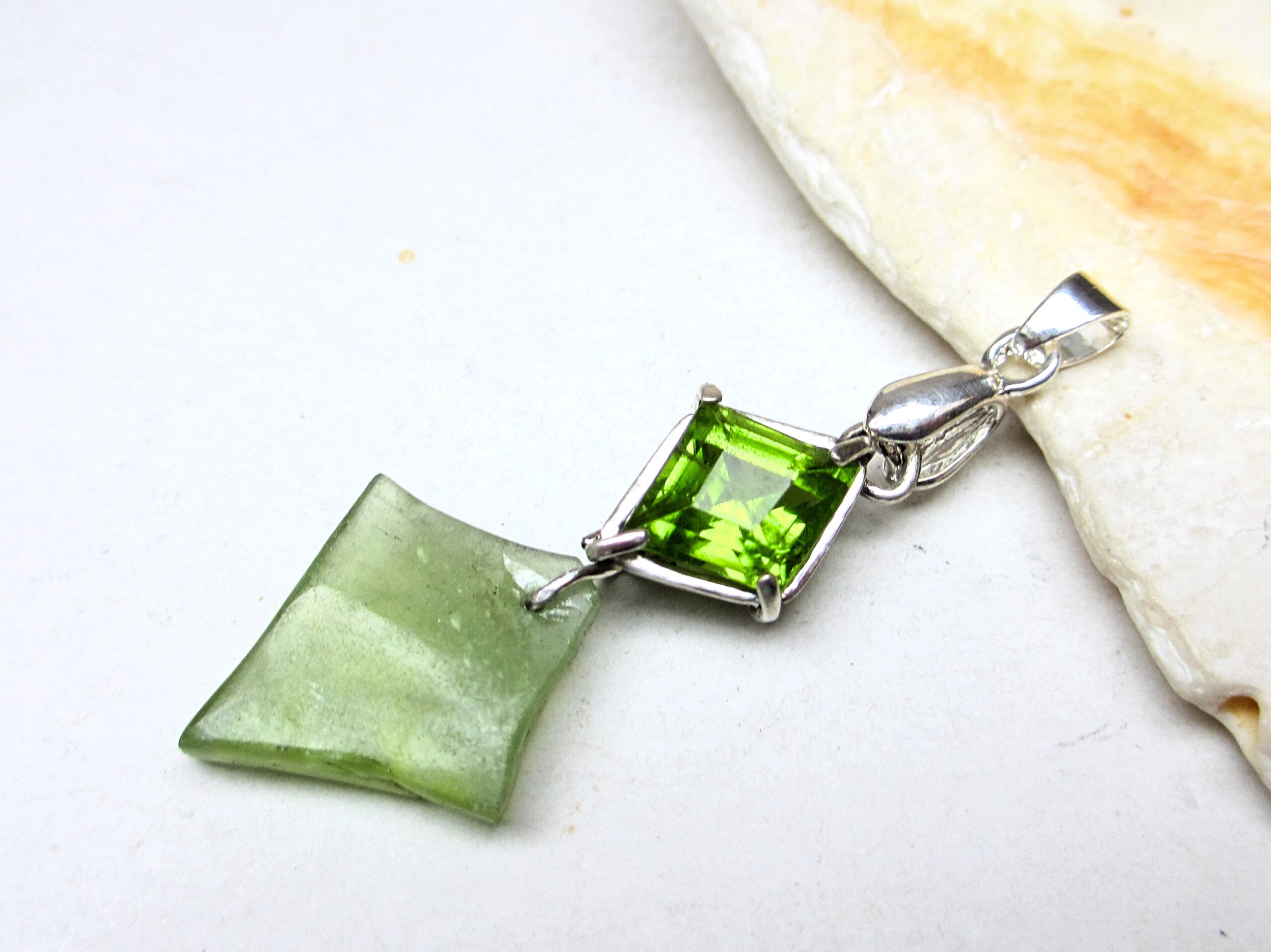 Double rhombus peridot pendant, 2 Pakistane peridots, raw and faceted sterling silver