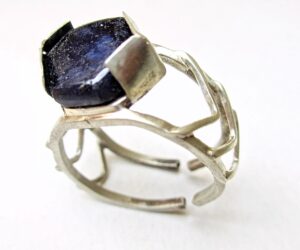 Large Hexagonal Blue Sapphire Ring, Double banded Sterling Silver ring sized to order with 1 cm large hexagon sapphire