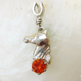 Horse head pendant sterling silver,6x6 mm fire opal, horseshoe bail