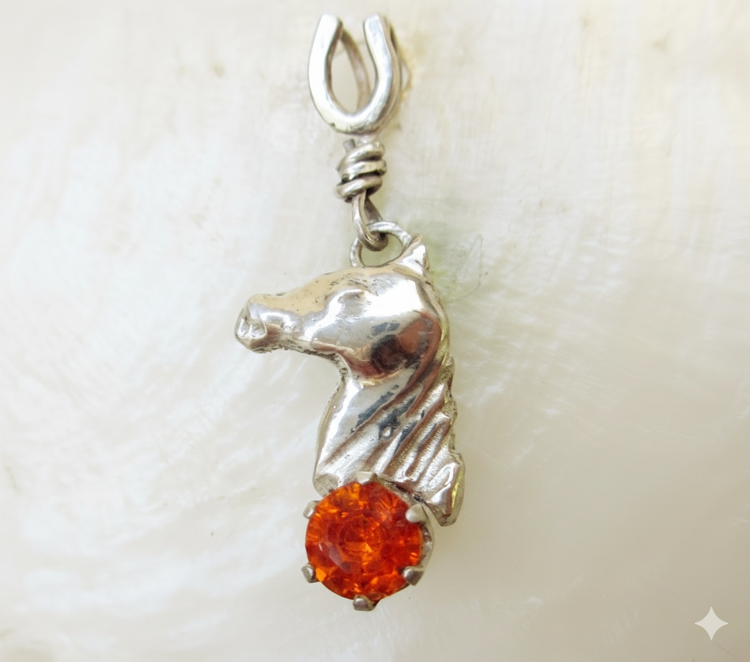Horse head pendant sterling silver,6x6 mm fire opal, horseshoe bail