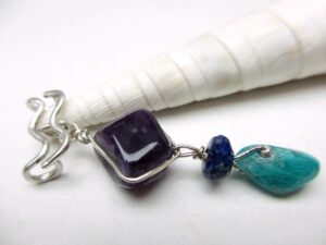 Aquarius birthstone necklace sterling silver, amethyst, lapis, amazonite on a sterling silver bail in the shape of Aquarius symbol