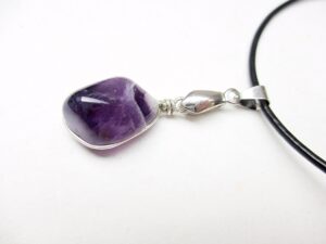 Chevron amethyst sterling silver wrapped pendant, 18 mm deep purple tumbled amethyst wrapped in sterling wire, on a silver bail