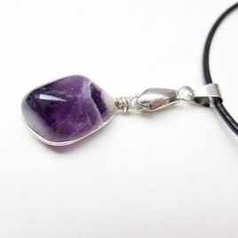 Chevron amethyst sterling silver wrapped pendant, 18 mm deep purple tumbled amethyst wrapped in sterling wire, on a silver bail