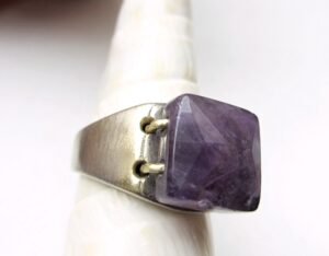Square amethyst flat top ring, massive adjustable size (16-20) ring for him or for her, with 12x12 mm genuine raw amethyst bead