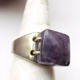 Square amethyst flat top ring, massive adjustable size (16-20) ring for him or for her, with 12x12 mm genuine raw amethyst bead