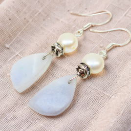 Blue Jade & Freshwater Pearl Dangle Earrings