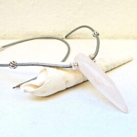 White jade horn necklace sterling silver beads, leather necklace